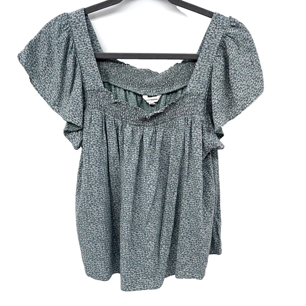 LUCKY BRAND Women's Size XL Sage Green Floral Print Flutter Sleeve Boat Neck Top